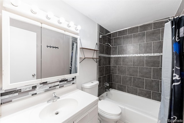 bathroom with tasteful backsplash, vanity, toilet, and shower / tub combo with curtain