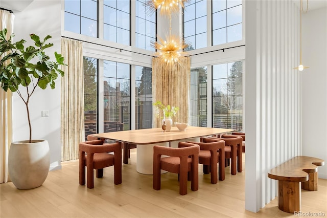 1001 S Adams St, Denver, CO 80209 - dining space featuring light wood-style flooring, a towering ceiling, and baseboards
