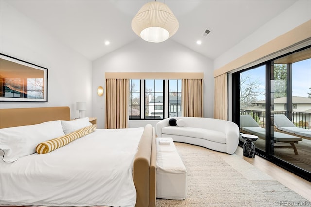 1001 S Adams St, Denver, CO 80209 - bedroom featuring access to exterior, wood finished floors, high vaulted ceiling, and recessed lighting