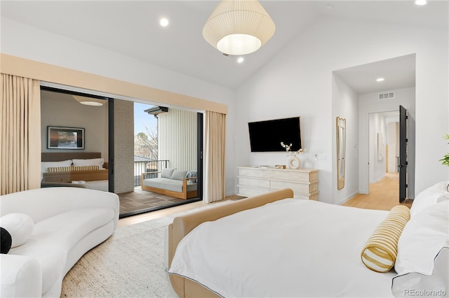 1001 S Adams St, Denver, CO 80209 - bedroom with access to exterior, light wood-type flooring, recessed lighting, baseboards, and high vaulted ceiling