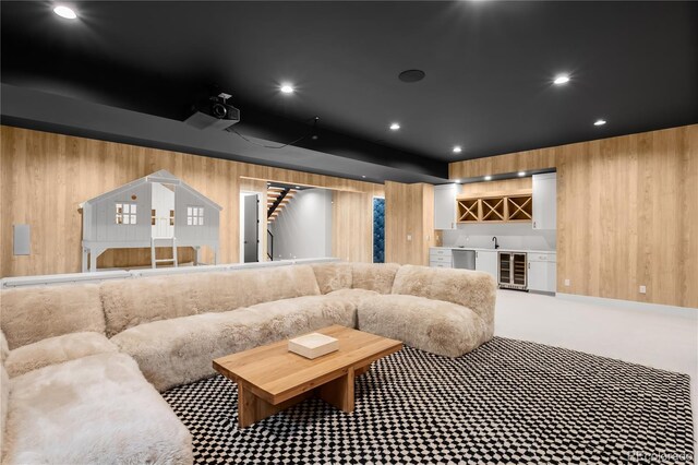 1001 S Adams St, Denver, CO 80209 - home theater featuring wood walls, wet bar, carpet, wine cooler, and recessed lighting
