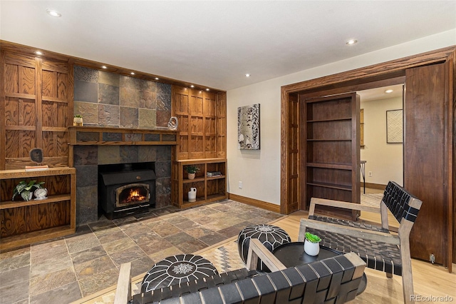 15 Pawnee Dr, Boulder, CO 80303 - living room featuring stone tile flooring, recessed lighting, and a tile fireplace