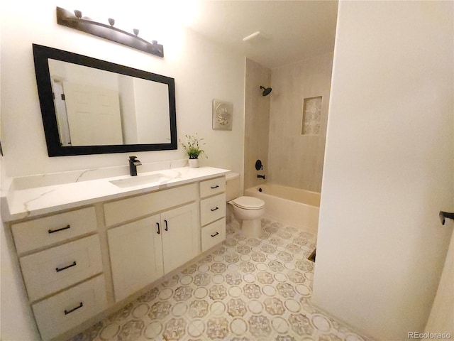 bathroom with tub / shower combination, toilet, and vanity