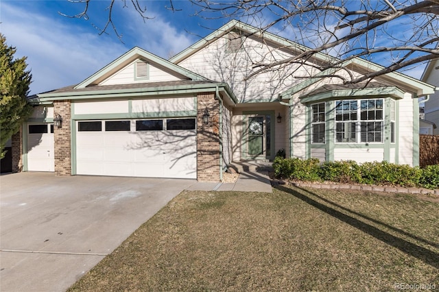 single story home with brick siding, concrete driveway, and an attached garage