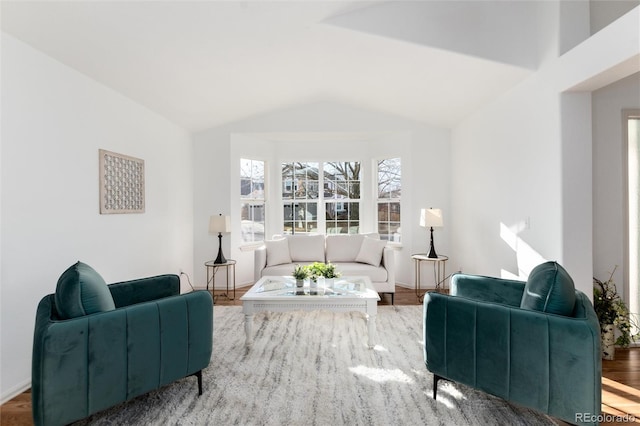 living room with lofted ceiling and wood finished floors