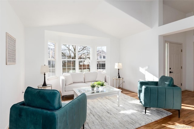 living area with lofted ceiling and wood finished floors