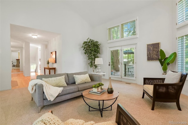 5530 Racquet Ln, Boulder, CO 80303 - living area featuring high vaulted ceiling, light colored carpet, and plenty of natural light