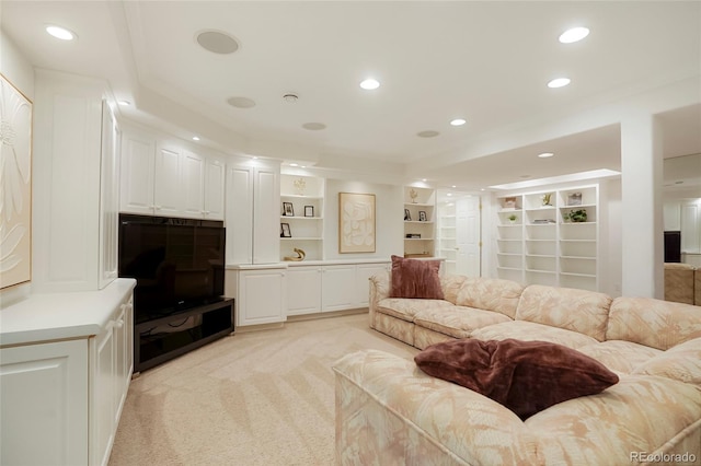 5530 Racquet Ln, Boulder, CO 80303 - living room featuring recessed lighting, light colored carpet, and built in features