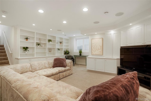 5530 Racquet Ln, Boulder, CO 80303 - living room featuring recessed lighting, stairway, and light colored carpet