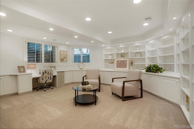 5530 Racquet Ln, Boulder, CO 80303 - sitting room featuring light colored carpet, recessed lighting, built in study area, and built in features