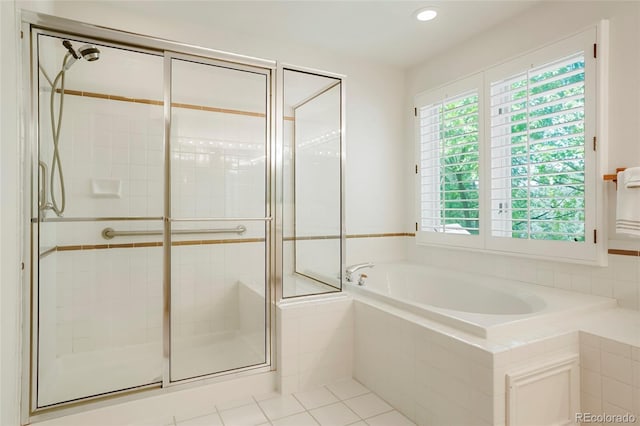 5530 Racquet Ln, Boulder, CO 80303 - bathroom with a bath, a stall shower, recessed lighting, and tile patterned floors