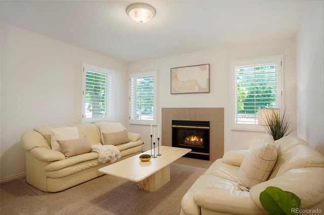 5530 Racquet Ln, Boulder, CO 80303 - living area featuring a tile fireplace and light carpet