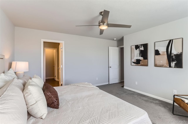 bedroom with ceiling fan and carpet flooring