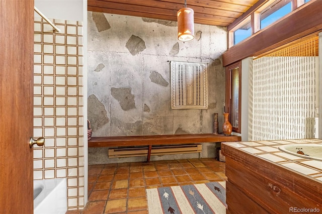 1455 La Mesa St, Colorado Springs, CO 80904 - bathroom with vanity, baseboard heating, and wooden ceiling