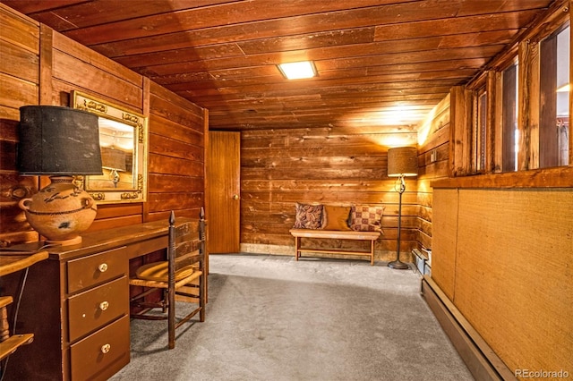 1455 La Mesa St, Colorado Springs, CO 80904 - unfurnished office featuring wooden ceiling, wooden walls, carpet, and a baseboard heating unit