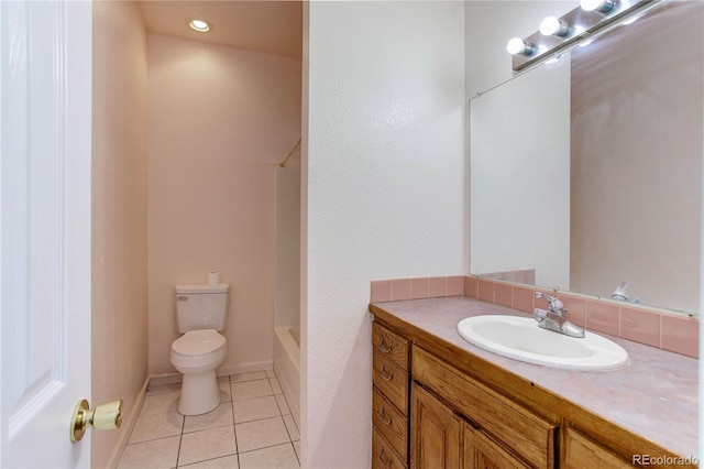 full bathroom featuring shower / tub combination, tile patterned flooring, vanity, and toilet