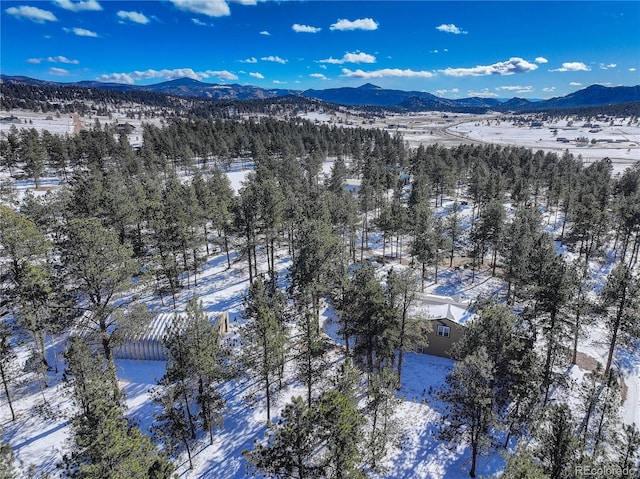 snowy aerial view featuring a mountain view