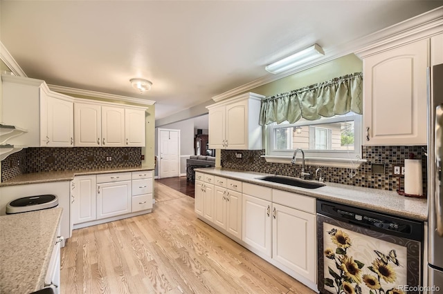 6072 Pierson Ct, Arvada, CO 80004 - kitchen featuring dishwashing machine, light wood-type flooring, backsplash, crown molding, and white cabinets