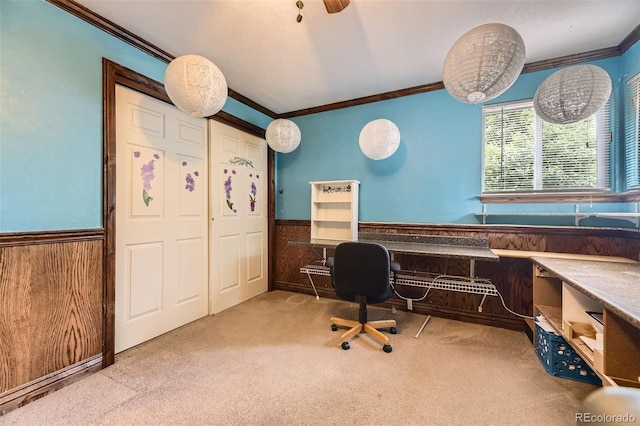 6072 Pierson Ct, Arvada, CO 80004 - carpeted office space featuring crown molding, a wainscoted wall, and wooden walls
