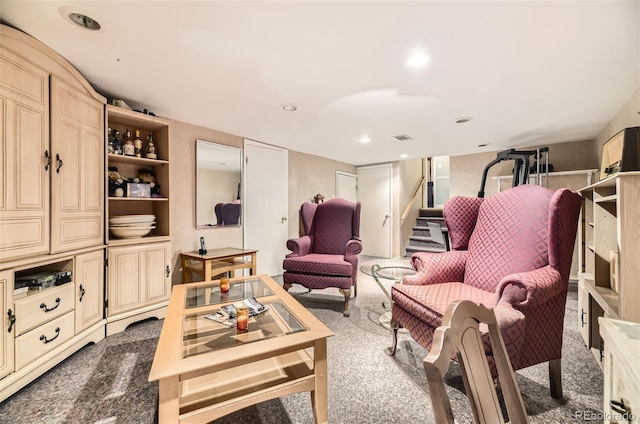 6072 Pierson Ct, Arvada, CO 80004 - living area featuring dark colored carpet and stairway