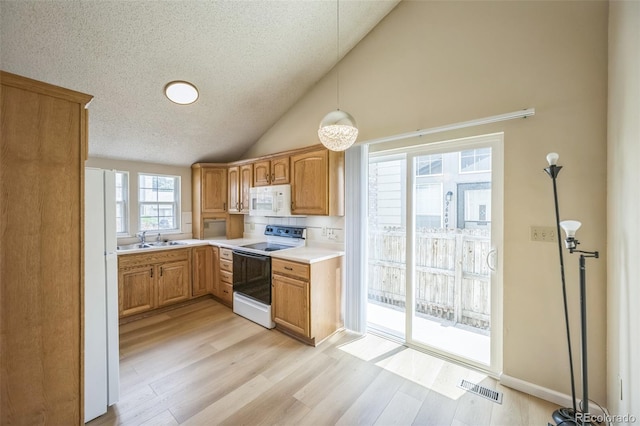 9642 W Chatfield Ave Unit A, Littleton, CO 80128 - kitchen featuring white appliances, light countertops, light wood-type flooring, hanging light fixtures, and tasteful backsplash
