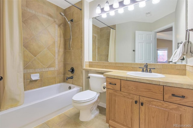 bathroom featuring shower / tub combo, toilet, visible vents, tile patterned floors, and vanity