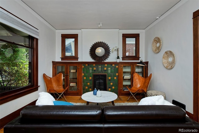 3237 N Josephine St, Denver, CO 80205 - living area with a tiled fireplace, wood finished floors, and ornamental molding