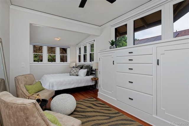 3237 N Josephine St, Denver, CO 80205 - bedroom featuring vaulted ceiling, multiple windows, dark wood-style flooring, crown molding, and a ceiling fan