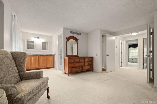 sitting room with light colored carpet and a textured ceiling