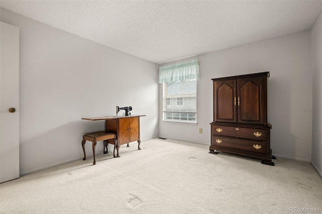 home office featuring light carpet, a textured ceiling, and baseboards