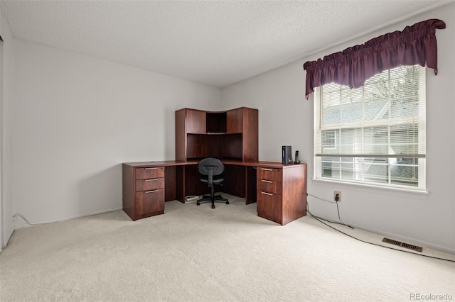 office space with light carpet and a textured ceiling