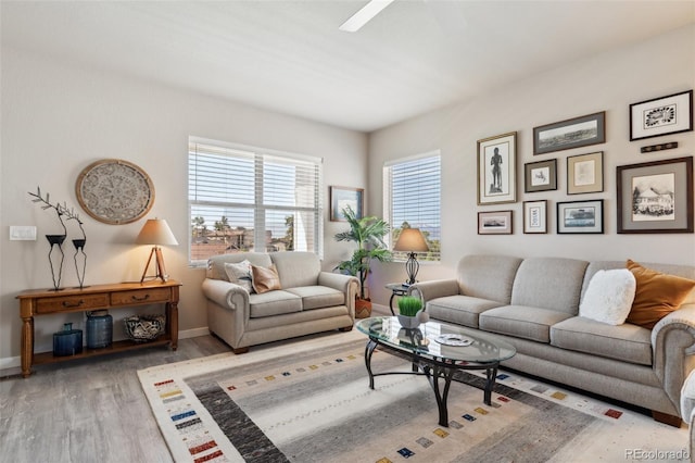 763 Sage Forest Ln, Monument, CO 80132 - living room with wood finished floors, baseboards, and ceiling fan