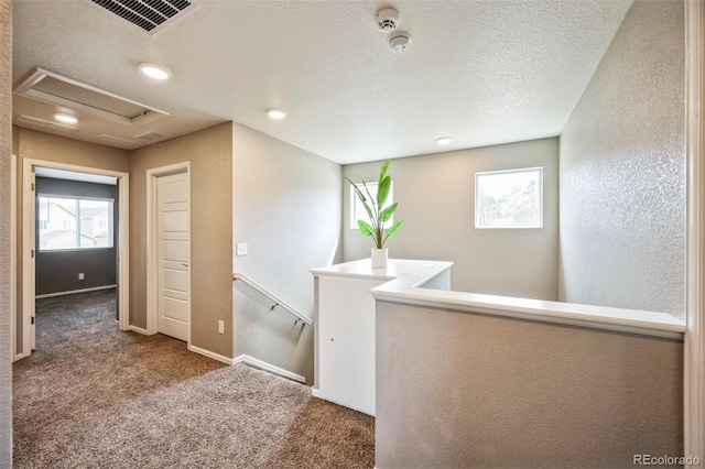 hallway featuring visible vents, carpet floors, plenty of natural light, and a textured ceiling