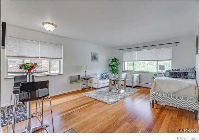 living room featuring a baseboard heating unit and hardwood / wood-style floors