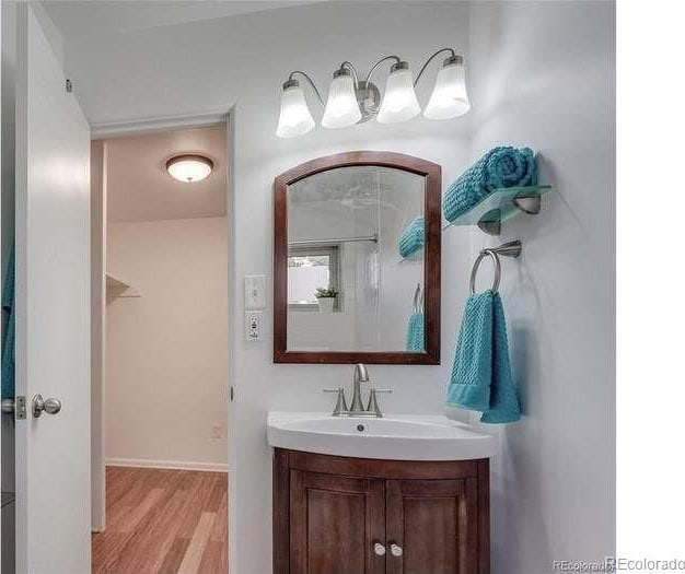 bathroom featuring hardwood / wood-style flooring and vanity