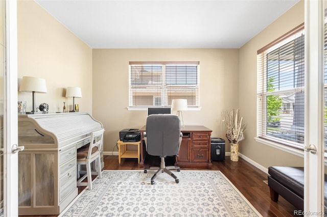 10057 Des Moines St, Parker, CO 80134 - office area with baseboards and dark wood-style flooring