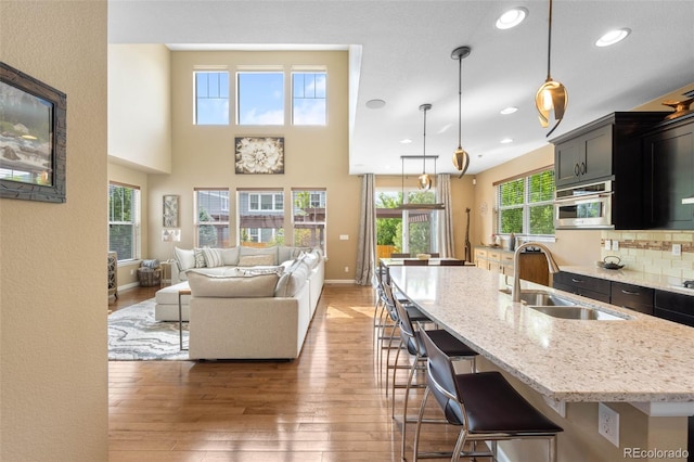 10057 Des Moines St, Parker, CO 80134 - kitchen with a sink, light wood-style flooring, light stone countertops, open floor plan, and an island with sink