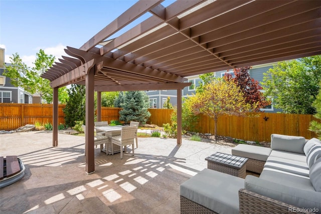 10057 Des Moines St, Parker, CO 80134 - fenced backyard with a pergola, a patio, outdoor dining area, and outdoor lounge area