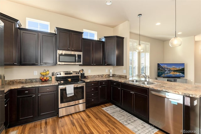 kitchen featuring pendant lighting, sink, dark hardwood / wood-style flooring, appliances with stainless steel finishes, and dark brown cabinets