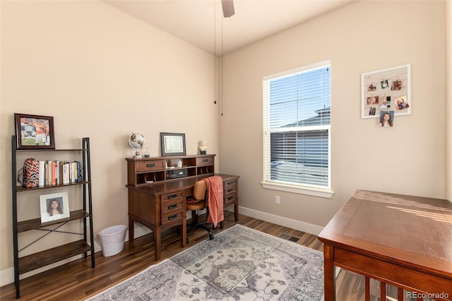 office featuring ceiling fan and dark hardwood / wood-style floors