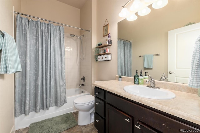 full bathroom with toilet, shower / tub combo, and vanity