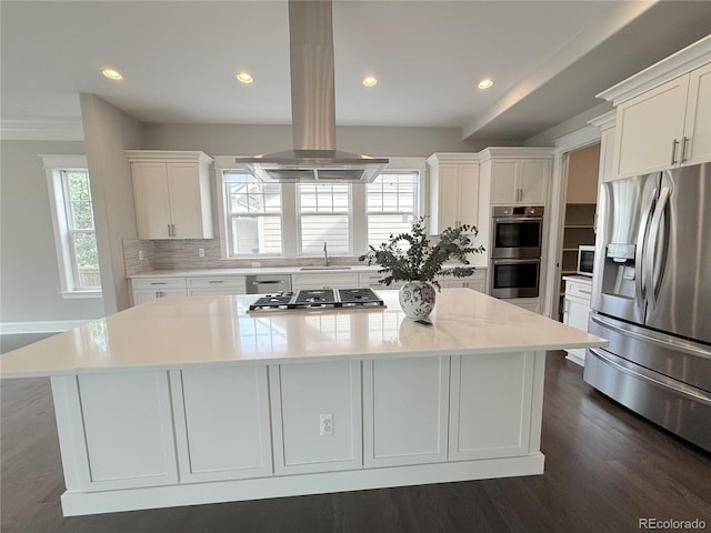 6023 Chester Way, Denver, CO 80238 - kitchen featuring stainless steel appliances, a sink, island range hood, healthy amount of natural light, and recessed lighting