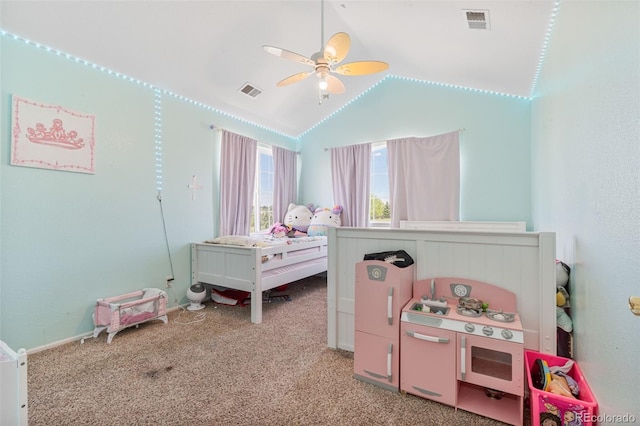 24022 E Jamison Dr, Aurora, CO 80016 - bedroom featuring light colored carpet, vaulted ceiling, and ceiling fan