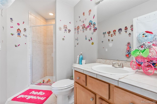 24022 E Jamison Dr, Aurora, CO 80016 - full bath featuring vanity, toilet, a stall shower, tile patterned floors, and recessed lighting