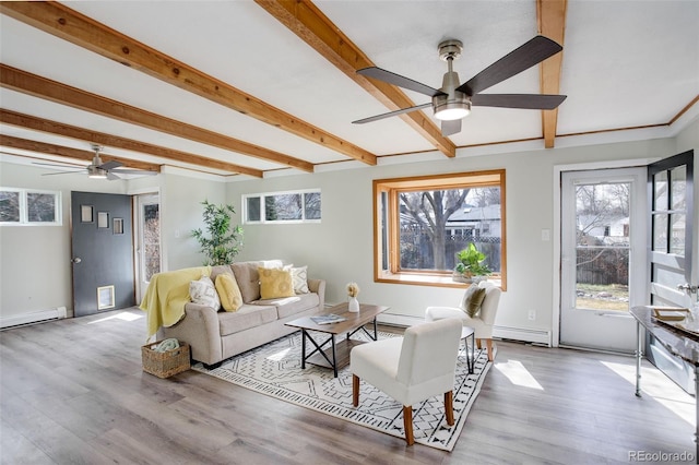 living area featuring a baseboard radiator, beam ceiling, a ceiling fan, and wood finished floors