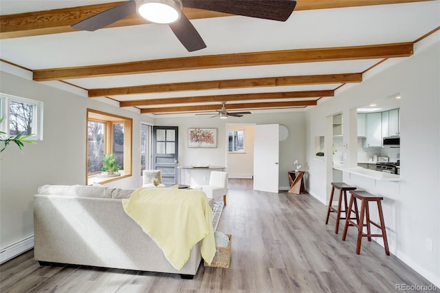 living area featuring light wood-style flooring, baseboards, baseboard heating, and beam ceiling