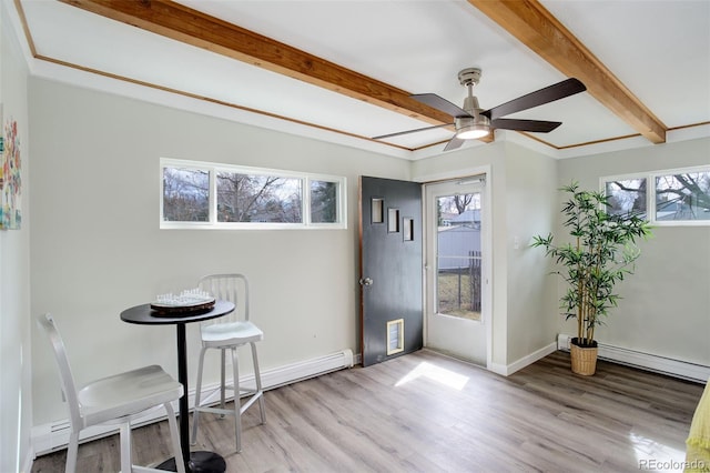 dining room with baseboards, ceiling fan, wood finished floors, baseboard heating, and beam ceiling