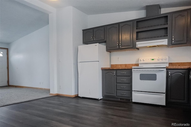 711 Clark St, Fairplay, CO 80440 - kitchen with dark wood-style flooring, open shelves, white appliances, baseboards, and under cabinet range hood
