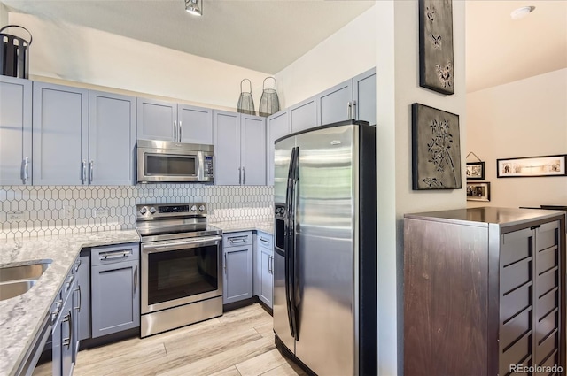 5401 S Park Terrace Ave Unit 109A, Greenwood Village, CO 80111 - kitchen with stainless steel appliances, backsplash, light wood-style floors, light stone countertops, and gray cabinets