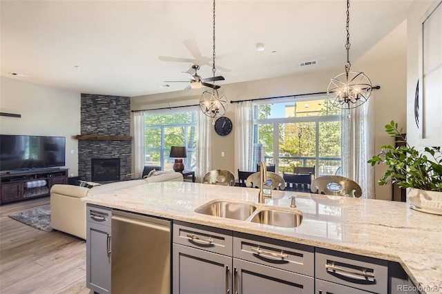 5401 S Park Terrace Ave Unit 109A, Greenwood Village, CO 80111 - kitchen featuring a sink, dishwasher, light stone counters, and gray cabinetry